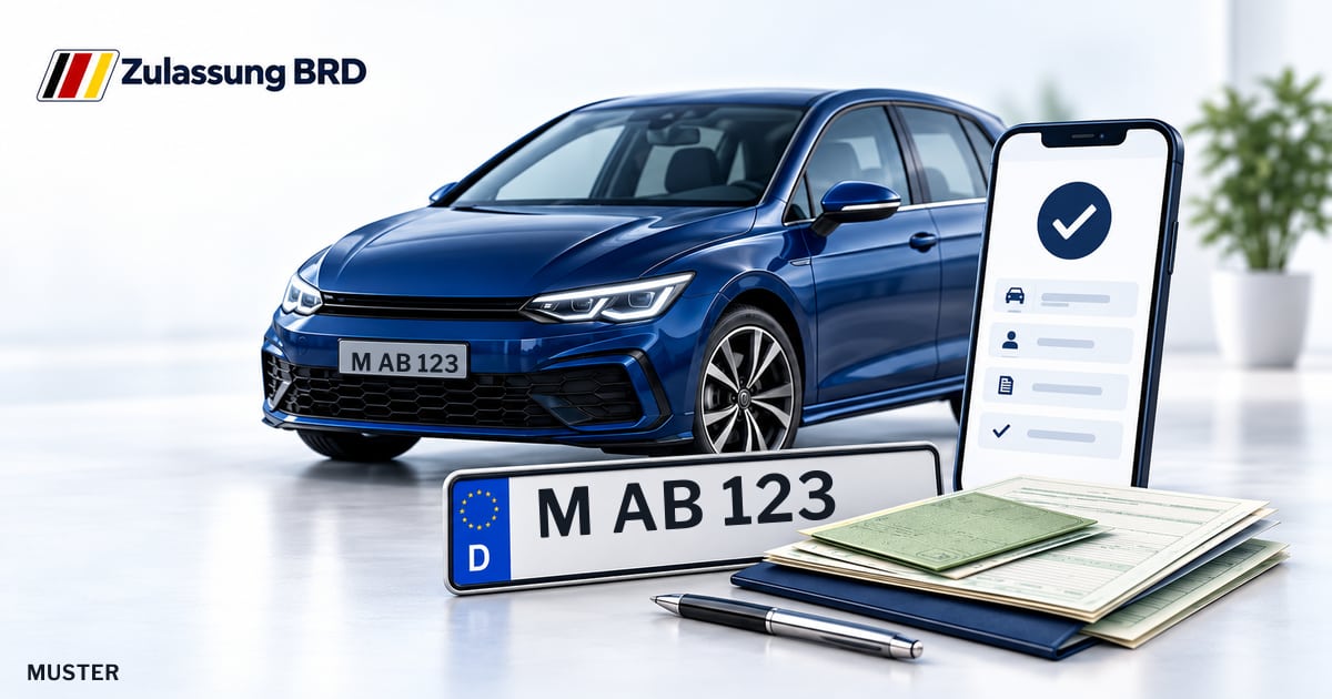 Online Fahrzeugzulassung in Unterhaching: Musterkennzeichen M AB 123, Auto und Fahrzeugpapiere und Smartphone. Illustration mit Logo von Zulassung BRD.